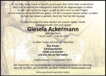 Traueranzeige von Gisela Ackermann (geb. Sperbeck)  von Magdeburger Volksstimme
