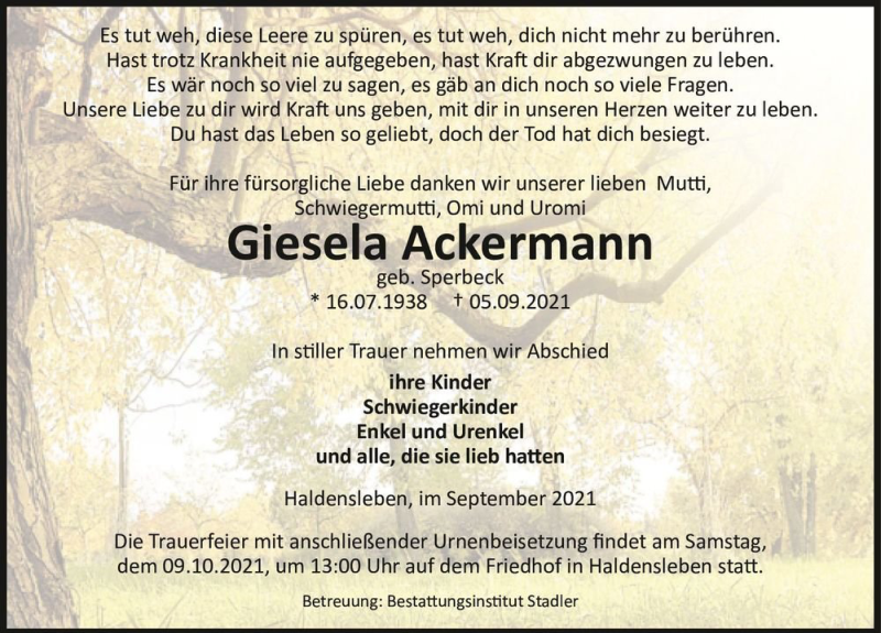  Traueranzeige für Gisela Ackermann (geb. Sperbeck)  vom 11.09.2021 aus Magdeburger Volksstimme