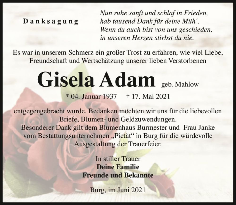  Traueranzeige für Gisela Adam (geb. Mahlow)  vom 12.06.2021 aus Magdeburger Volksstimme