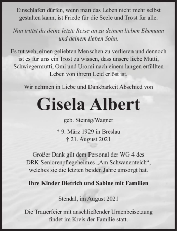 Traueranzeige von Gisela Albert (geb. Steinig/Wagner)  von Magdeburger Volksstimme
