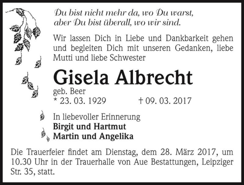  Traueranzeige für Gisela Albrecht (geb. Beer)  vom 18.03.2017 aus Magdeburger Volksstimme