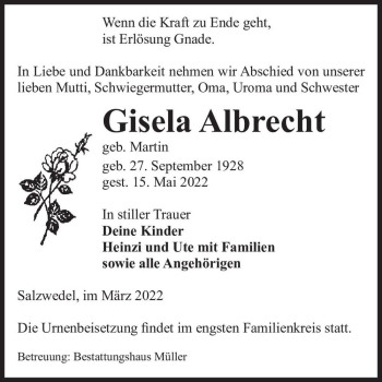 Traueranzeige von Gisela Albrecht (geb. Martin)  von Magdeburger Volksstimme