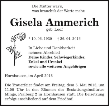 Traueranzeige von Gisela Ammerich (geb. Loof)  von Magdeburger Volksstimme