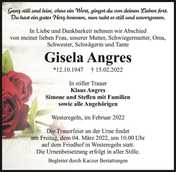 Traueranzeige von Gisela Angres  von Magdeburger Volksstimme