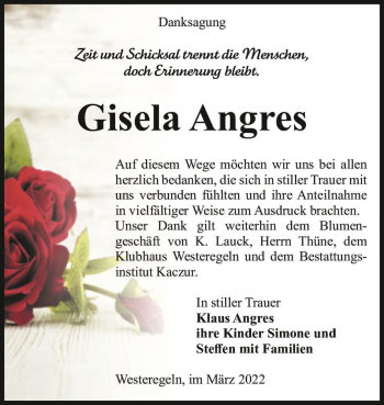 Traueranzeige von Gisela Angres  von Magdeburger Volksstimme
