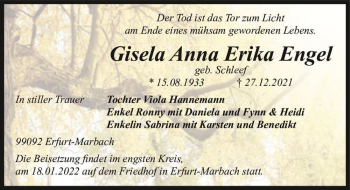 Traueranzeige von Gisela Anna Erika Engel (geb. Schleef)  von Magdeburger Volksstimme