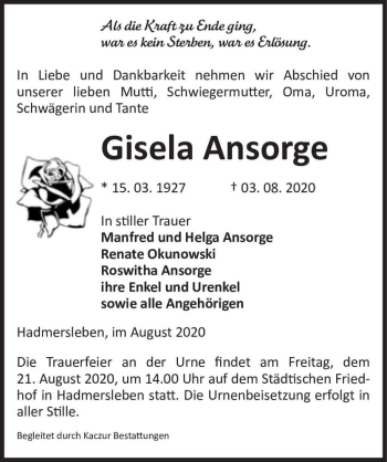 Traueranzeige von Gisela Ansorge  von Magdeburger Volksstimme