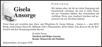 Traueranzeige von Gisela Ansorge  von Magdeburger Volksstimme