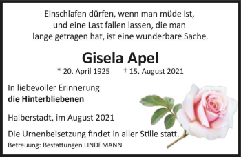 Traueranzeige von Gisela Apel  von Magdeburger Volksstimme
