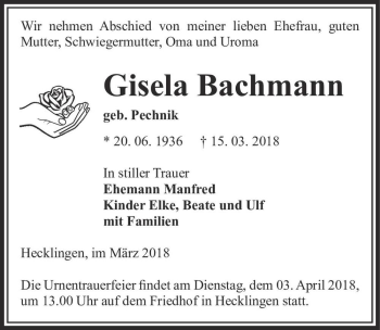 Traueranzeige von Gisela Bachmann (geb. Pechnik)  von Magdeburger Volksstimme