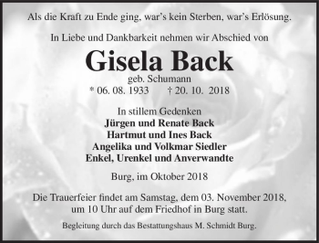 Traueranzeige von Gisela Back (geb. Schumann)  von Magdeburger Volksstimme