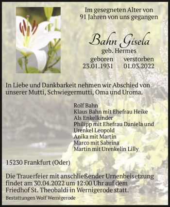 Traueranzeige von Gisela Bahn (geb. Hermes)  von Magdeburger Volksstimme