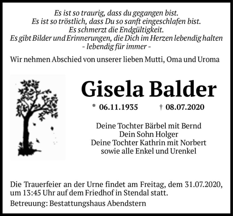  Traueranzeige für Gisela Balder  vom 25.07.2020 aus Magdeburger Volksstimme