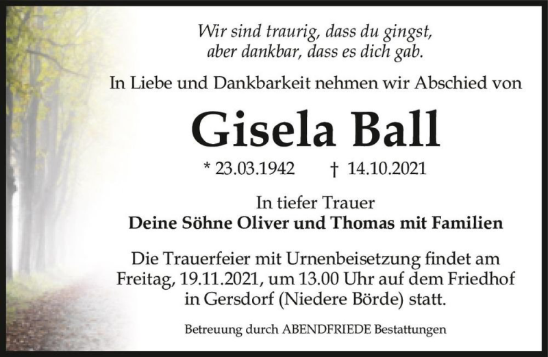  Traueranzeige für Gisela Ball  vom 06.11.2021 aus Magdeburger Volksstimme