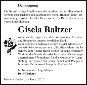 Traueranzeige von Gisela Baltzer  von Magdeburger Volksstimme