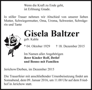 Traueranzeige von Gisela Baltzer (geb. Kahle)  von Magdeburger Volksstimme
