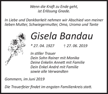 Traueranzeige von Gisela Bandau  von Magdeburger Volksstimme