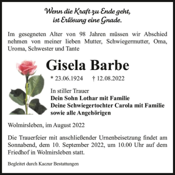 Traueranzeige von Gisela Barbe  von Magdeburger Volksstimme