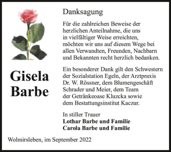Traueranzeige von Gisela Barbe  von Magdeburger Volksstimme
