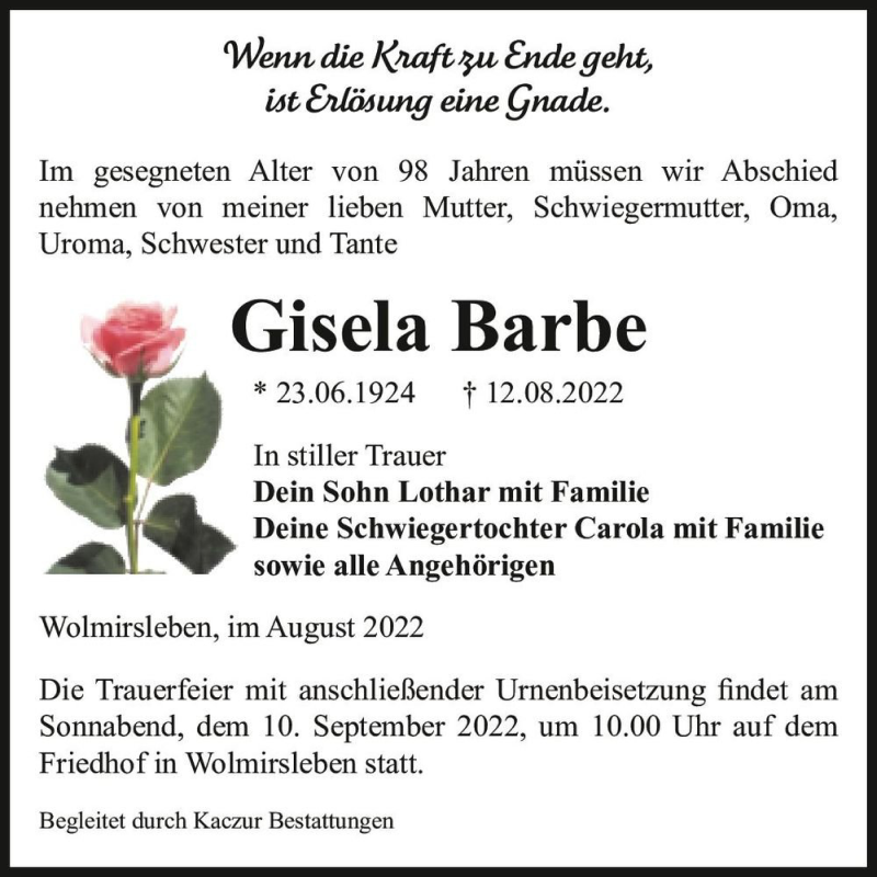  Traueranzeige für Gisela Barbe  vom 20.08.2022 aus Magdeburger Volksstimme