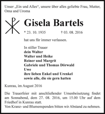 Traueranzeige von Gisela Bartels  von Magdeburger Volksstimme