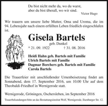 Traueranzeige von Gisela Bartels (geb. Dunkel)  von Magdeburger Volksstimme