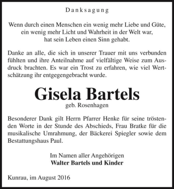 Traueranzeige von Gisela Bartels (geb. Rosenhagen)  von Magdeburger Volksstimme