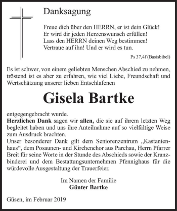 Traueranzeige von Gisela Bartke  von Magdeburger Volksstimme
