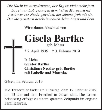 Traueranzeige von Gisela Bartke (geb. Möser)  von Magdeburger Volksstimme
