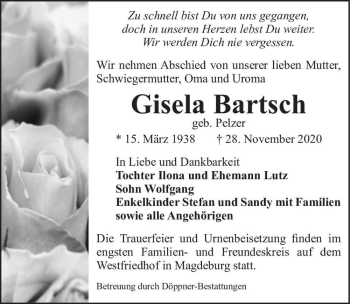 Traueranzeige von Gisela Bartsch (geb. Pelzer)  von Magdeburger Volksstimme