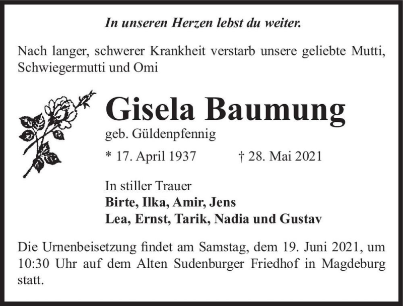  Traueranzeige für Gisela Baumung (geb. Güldenpfennig)  vom 05.06.2021 aus Magdeburger Volksstimme