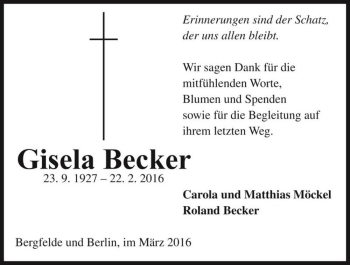 Traueranzeige von Gisela Becker  von Magdeburger Volksstimme