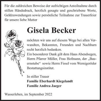 Traueranzeige von Gisela Becker  von Magdeburger Volksstimme