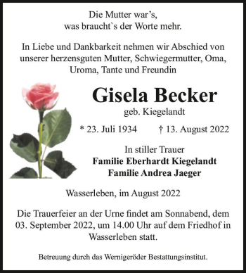 Traueranzeige von Gisela Becker (geb. Kiegelandt)  von Magdeburger Volksstimme