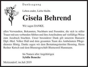 Traueranzeige von Gisela Behrend  von Magdeburger Volksstimme