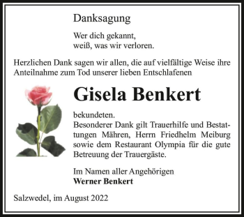 Traueranzeige von Gisela Benkert  von Magdeburger Volksstimme