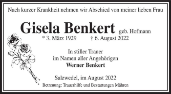 Traueranzeige von Gisela Benkert (geb. Hofmann)  von Magdeburger Volksstimme