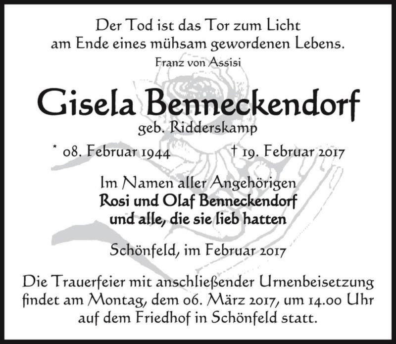  Traueranzeige für Gisela Benneckendorf (geb. Ridderskamp)  vom 25.02.2017 aus Magdeburger Volksstimme
