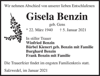 Traueranzeige von Gisela Benzin (geb. Gens)  von Magdeburger Volksstimme