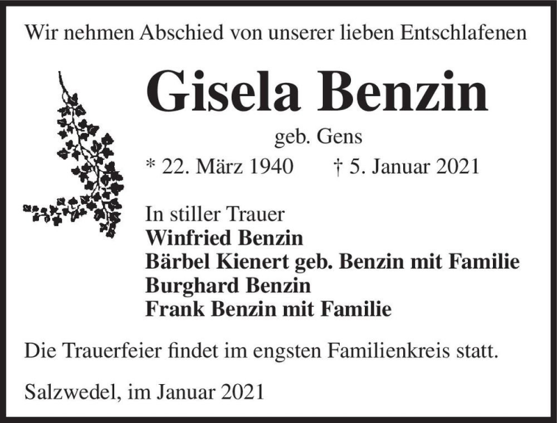  Traueranzeige für Gisela Benzin (geb. Gens)  vom 08.01.2021 aus Magdeburger Volksstimme