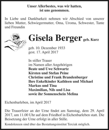 Traueranzeige von Gisela Berger (geb. Kurz)  von Magdeburger Volksstimme