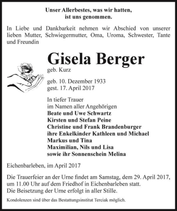 Traueranzeige von Gisela Berger (geb. Kurz)  von Magdeburger Volksstimme