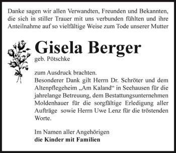 Traueranzeige von Gisela Berger (geb. Pötschke)  von Magdeburger Volksstimme
