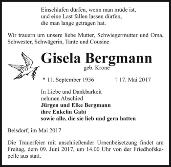 Traueranzeige von Gisela Bergmann (geb. Krone)  von Magdeburger Volksstimme