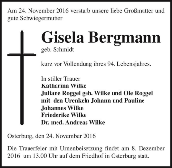 Traueranzeige von Gisela Bergmann (geb. Schmidt)  von Magdeburger Volksstimme