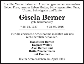 Traueranzeige von Gisela Berner (geb. Schimansky)  von Magdeburger Volksstimme