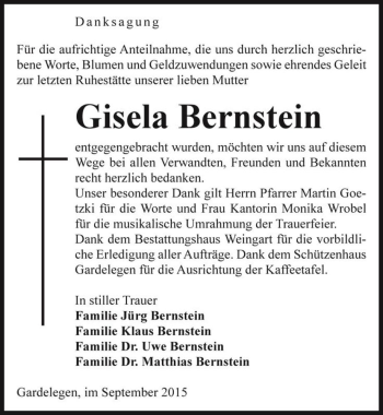 Traueranzeige von Gisela Bernstein  von Magdeburger Volksstimme