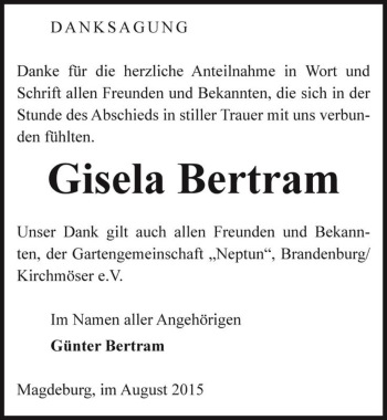 Traueranzeige von Gisela Bertram  von Magdeburger Volksstimme