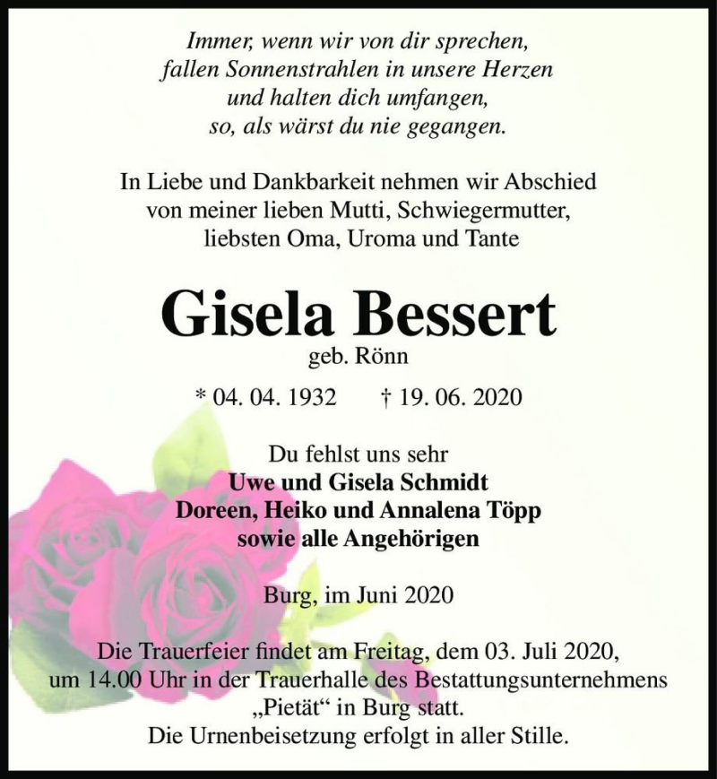  Traueranzeige für Gisela Bessert (geb. Rönn)  vom 27.06.2020 aus Magdeburger Volksstimme