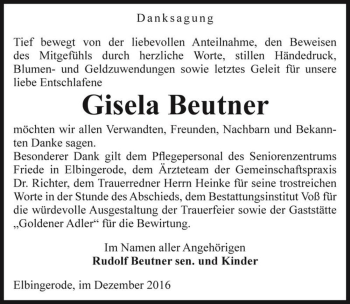 Traueranzeige von Gisela Beutner  von Magdeburger Volksstimme